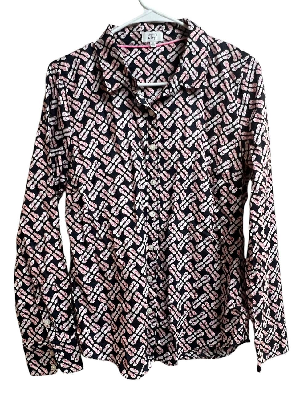 Crown & Ivy Button-Up Blouse features Navy Blue Pink Flip-Flop Sandals  Medium